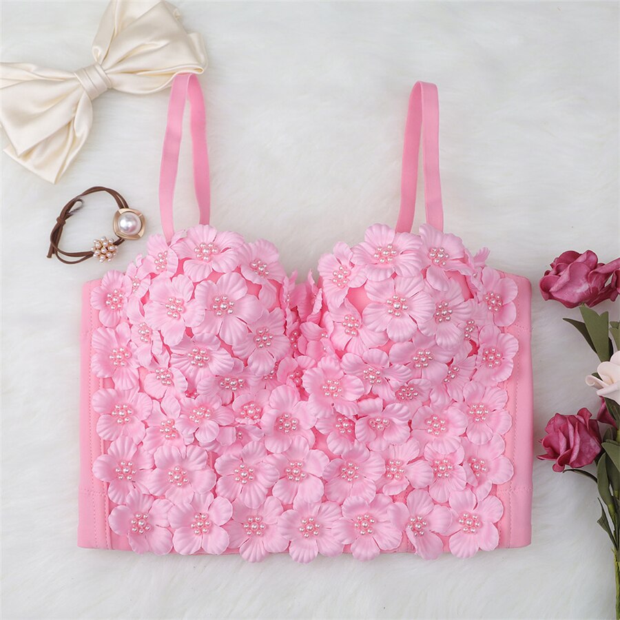 Sexy Floral Beading Crop Top Women Harajuku Backless Solid Cami Tops With Built In Bra Push Up Bralette