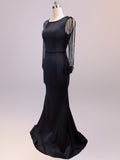 Black Formal Muslim Evening Dress Long Sleeve Zipper Back O-neck Empire Party Gowns Elegant Floor-length Beading Prom Dress
