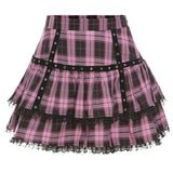Plaid Print Y2K Ruffle Kawaii Mini Girl Skirt High Waist Lolita Student Korean Japanese Lace Skater Sweet Short Cake Skirts