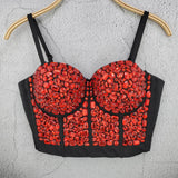 Beading Red Acrylic Performance Sexy Push Up Bralette Cropped With Built In Bra Corset Spaghetti Strap Camisole With Cups