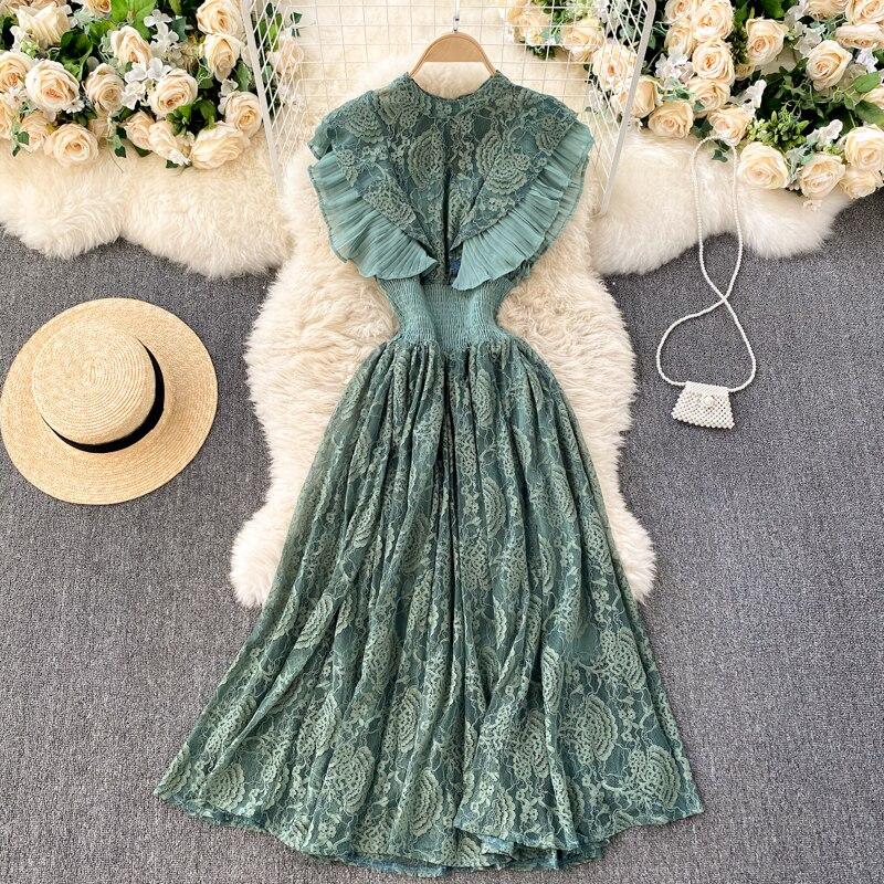 Elegant Office Lady Ruffle Lace Dress Summer Clothes Sleeveless Round Neck Vintage Midi Dress