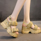 Pleated Chunky Platform Sandals Buckle Wedges Slippers Woman 9cm High Heel Summer Sandalias