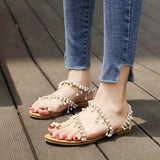 Fashion Rhinestone Women Ladies Bead Studded Detail Flat Sandals Peep Toe Casual Shoes