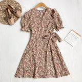 Beach Vintage Floral Print Wrap Dress Belted V Neck Short Puff Sleeve Mini Dress