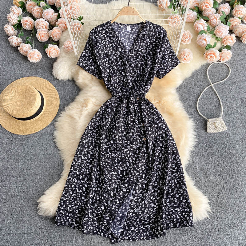 Elegant French Floral Print Midi Dress V Neck Short Sleeve Front Button Wrap Dress