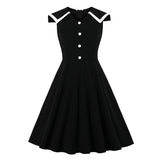V Neck Button Front A Line Vintage Summer Sleeveless Women Black Retro Style Swing Dresses
