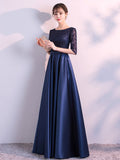 Navy Blue Homecoming Half Sleeve Formal Dress O-neck Elegant Floor-length A-line Satin Party Prom Gowns