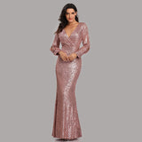 Sexy V-neck Mermaid Evening Dress Long Formal Prom Party Gown Full Sequins Long Sleeve Galadress Dresses