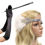 1920s Flapper Accessories Feather Headband Gloves Cigarette Holder 3 Pack Great Gatsby Party Costume Accessories Set for Women