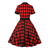 Gingham Vintage Dress Elegant Women Turn Down Collar Button Up Rockabilly 50s Style Red Plaid Cotton Dresses with Belt