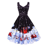 Ruched High Waist Vintage Print Christmas Winter Sleeveless Xmas Festival Pleated Dress