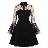 1950s Black Ladies Flared Sleeve Mesh Embroidered Patchwork Retro Vintage Dresses