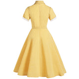 2021 Hepburn Style Shirt Summer Women Dress With Belt Vintage England Plaid Yellow Floral Short Sleeve Swing Pin Up Sundress