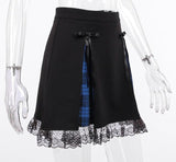 Blue Black Plaid Lace skirts Womens Girls Y2K Summer Vintage Kawaii Streetwear Cute Mini Pleated Skirt Gothic Hippie Kawaii Goth