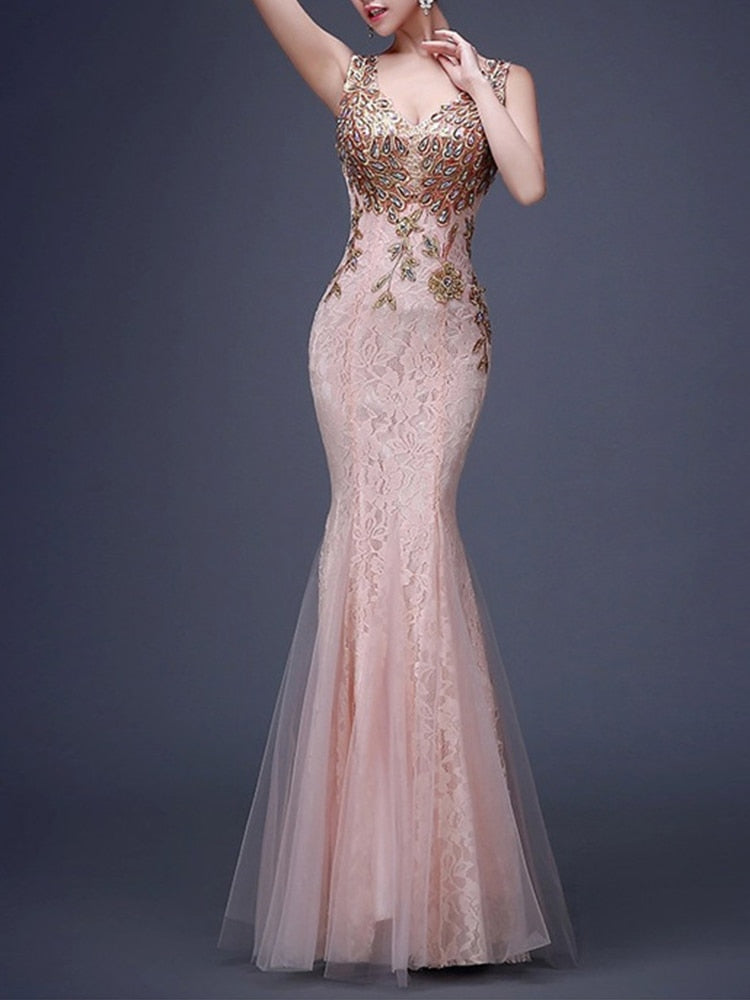 Lace Evening Mermaid Sleeveless Tulle Formal Dress Double V-neck Floor-length Party Prom Gown