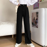 Women White Casual Jeans Korean Style All-match Loose High Waist Female Wide Leg Denim Pants