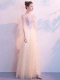 O-neck Applique embroidery Evening Dress Tulle A-line Prom Dress Short Sleeve Champagne Vestido