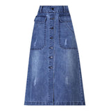 Long Denim Summer Korean High Waist Button Midi Skirt Women Elegant A Line Jeans Skirts