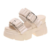 Pleated Chunky Platform Sandals Buckle Wedges Slippers Woman 9cm High Heel Summer Sandalias