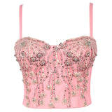 Summer Sexy Beaded Sequins Rhinestone Corset With Cup Party Short Women Cami In Bra Cropped Crop Top Push Up Breast