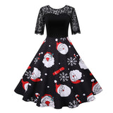 Christmas Winter Women Lace Sleeve O-Neck Elegant Vintage Stocking Print Xmas Party Outfits Plus Size Dress