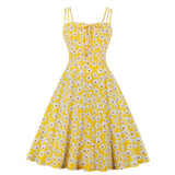 Yellow Floral Print Spaghetti Strap Bowknot Robe Pin Up Swing Retro Vintage Dress