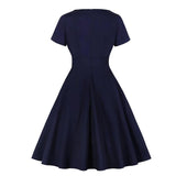 Navy Blue Contrast Collar Button Rockabilly Robe Swing High Waist Elegant Dress