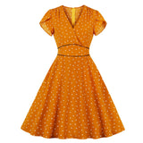 Orange Polka Dot Plus Size High Waist V Neck Robe Pin Up Vintage Dress With Pockets