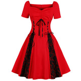 2021 Gothic Women Lace Party Dress With Bow Red Black Retro Vintage Streetwear 50s 60s Swing Patchwork Casual Rockabilly Dresses