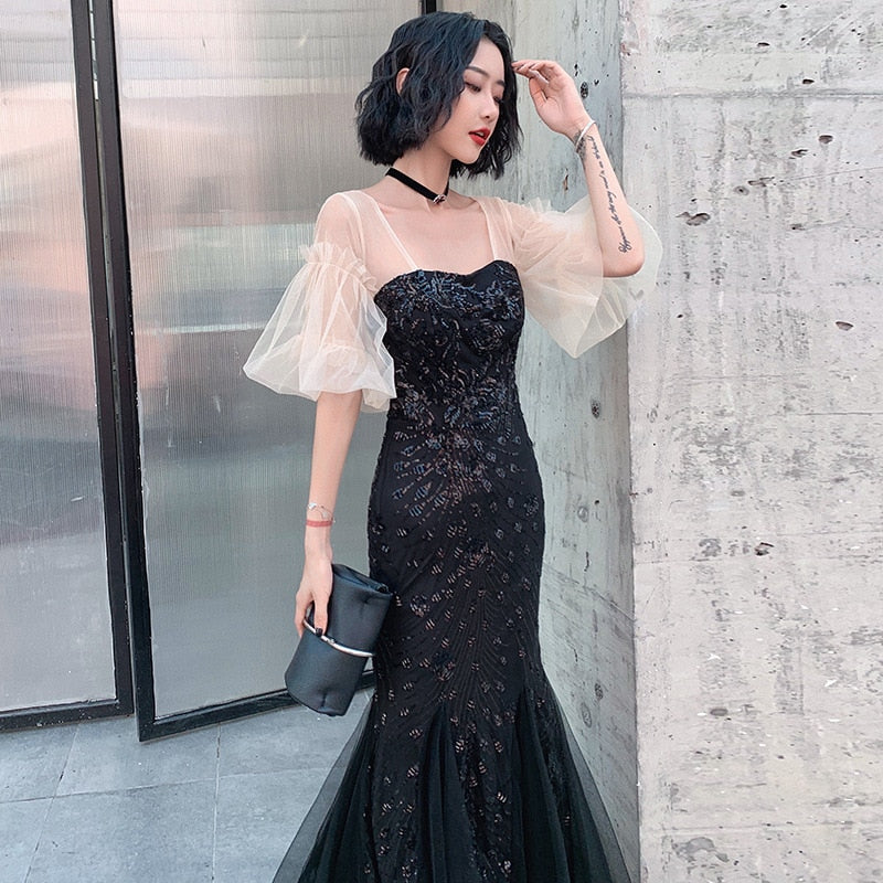 Tulle Flared Sleeve Elegant Mermaid Embroidery Evening Dress Formal Occasion Dress Long Robe Gowns