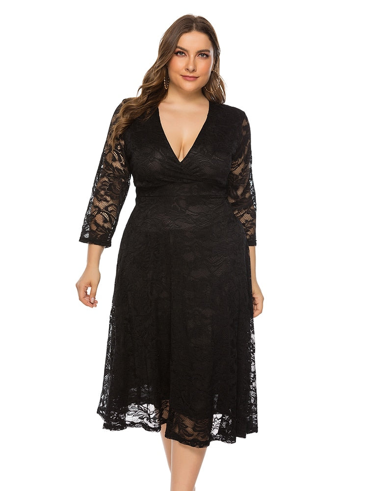 V Neck Lace Black Burgundy A Line Party Dress Plus Size Women Formal Evening Tea Three Quarter Sleeve Dress