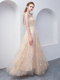 Short Lotus Sleeve V Neck Evening Dress A Line Tulle Party Prom Gowns Elegant Women Champagne Formal Occasion Dress