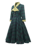 Elegant Women Bow Neck Green Plaid 50s Vintage Spring 3/4 Length Sleeve A-Line Midi Dress
