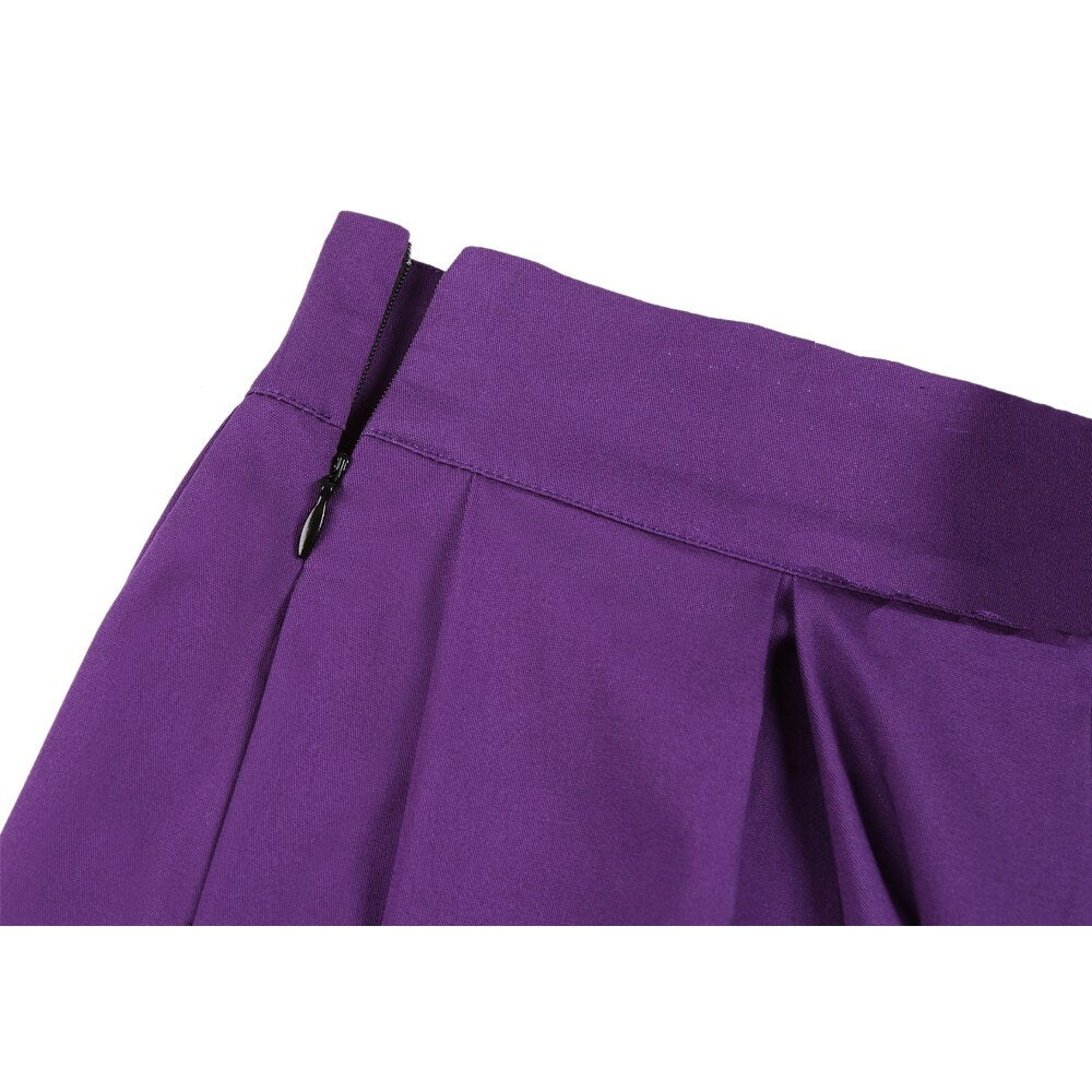 Women High Waist Midi Skirt Summer Vintage Style Cotton Solid Color Purple Ladies A Line Flare Swing Pin Up Rockabilly Skirts