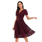 V-Neck High Waist Lace Elegant Party Night Midi Short Sleeve Vintage Style Pleated Swing Dress