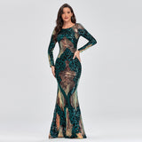 O-neck Long-Sleeve Shinning Sequins Evening Dress Sexy Backless Mermaid Gowns Maxi Dress