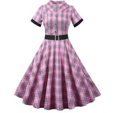 Notched Collar Plaid Print 50s Vintage Dress With Belt 2021 Summer Women Casual Slim Party Jurken Elegant Short Sleeve Clothing