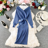 Women Autumn Winter Sweater Dress Batwing Long Sleeve Cross V Neck Sexy Elegant Knitted Bodycon Midi Dress With Belt