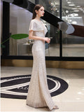 Elegant Flounce V-neck Sequins Formal Occasion Dress Short-Sleeve Mermaid Robe Silver Long Gowns