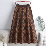 Women Pleated Elastic High Waist Winter Geometric Jacquard Knitted Midi Long Skirt