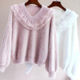 Women Long Sleeve V-Neck fuzzy beaded Sweet Lace Patchwork Sweater And Pullovers Warm