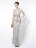 Elegant Halt Neck Diamond Sequin Embroider Formal Mermaid Evening Dress Sleeveless Women Gold Vestidos