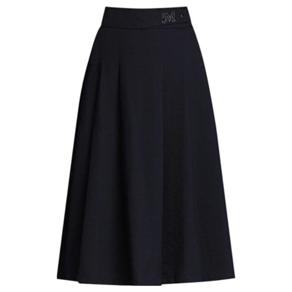 Women Midi Bottoms High Waist A-Line Solid Pleated Ladies Long Skirts