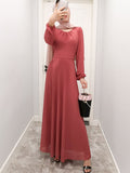 Belt Bow Chiffon Muslim Dress Abaya Dress Plus Size Arab Casual Dress Prom Gowns Robe De Soriee Full-Sleeve O-neck Dress