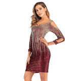 Off Shoulder Sexy Sequin Party Dress Women Long Sleeve Evening Dress