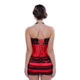 Women Sexy Bow Lace Overbust Corset Dress Satin Striped Corset Bustier Lingerie Top With One-Step Mini Narrow Dance Skirt Set