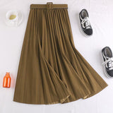 Korean Fashion Pleated Long A-Line Women Elegant Elastic High Waist Autumn Skirt With Belt