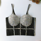 Sexy Crop Top Built In Bra Acrylic Shine Nightclub Party Women Top With Cups Push Up Bralette Female Corset Mesh Camis