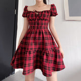 2021 England Style Gothic Plaid A-Line Women Mini Dresses Grunge Punk Bandage Skinny Party Dress Short Sleeve Summer Streetwear