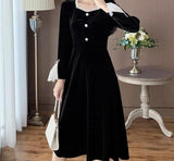 Velvet One Piece Dress Korean Fashion Black Vintage Midi Dresss Women Party Long Sleeve Bow Elegant Dress Slim Flounced Edge